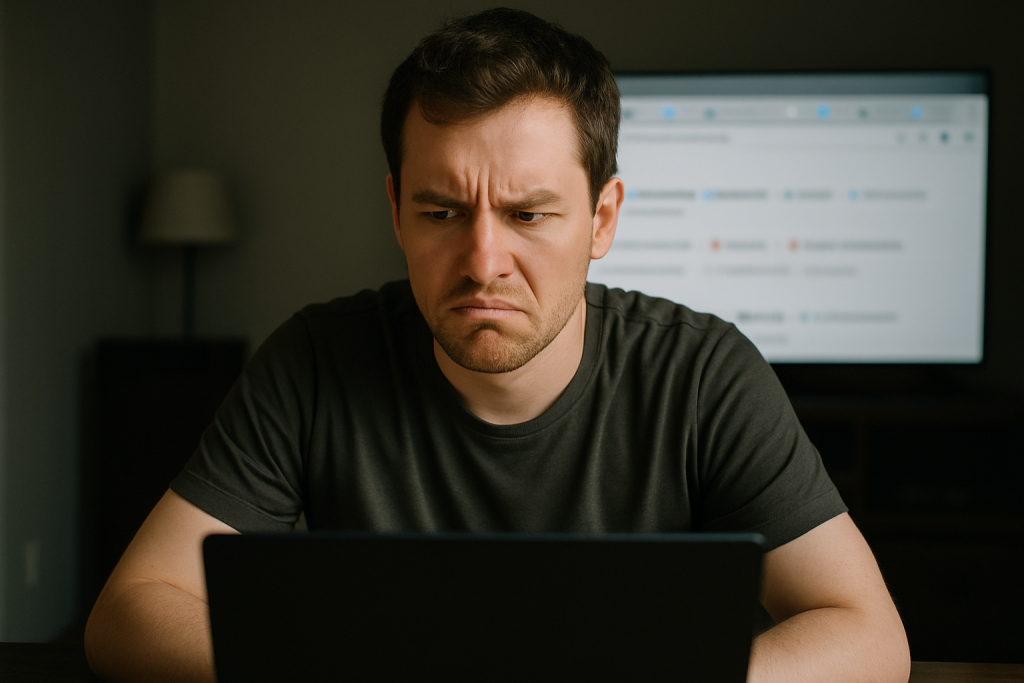 A person sitting at a laptop in a dimly lit room, looking skeptically at the screen, with multiple browser tabs visible in the background