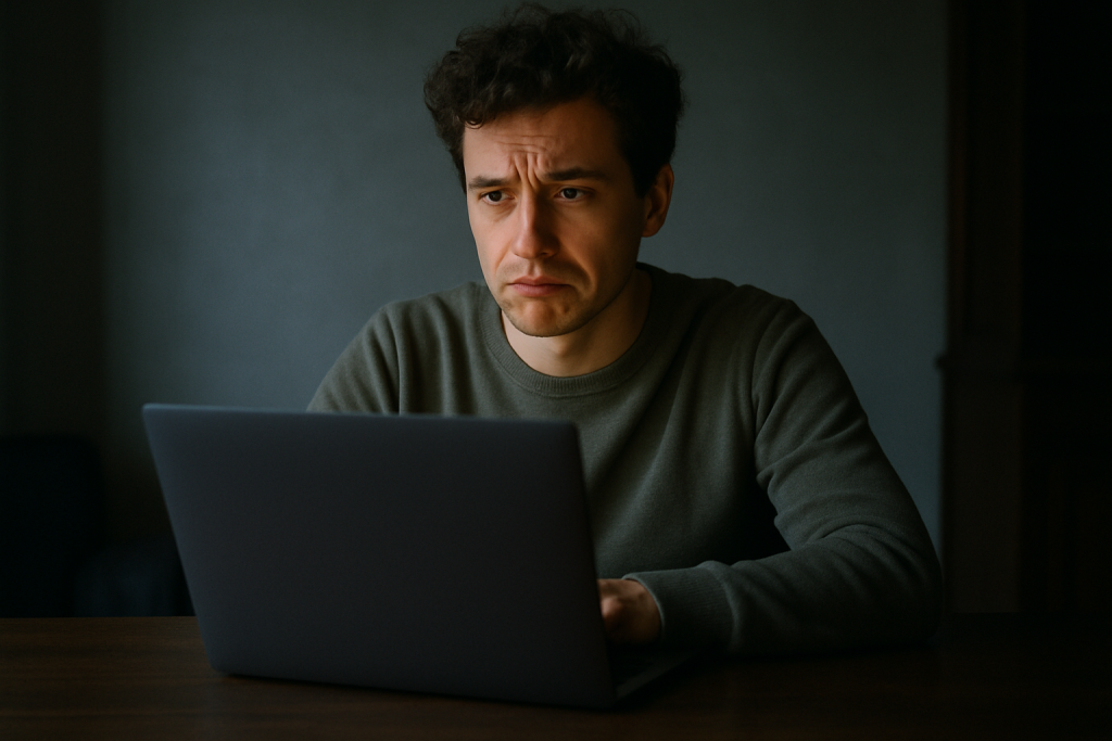 A person sitting alone at a laptop in a dimly lit room, face lit by the screen, looking uncertain or skeptical
