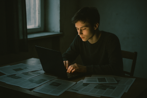 A person sitting alone at a laptop in a dimly lit room, face illuminated by the screen, surrounded by scattered printed newspaper pages on the desk