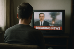 A person sitting alone watching a television screen showing a breaking news broadcast, seen from behind, in a dimly lit room