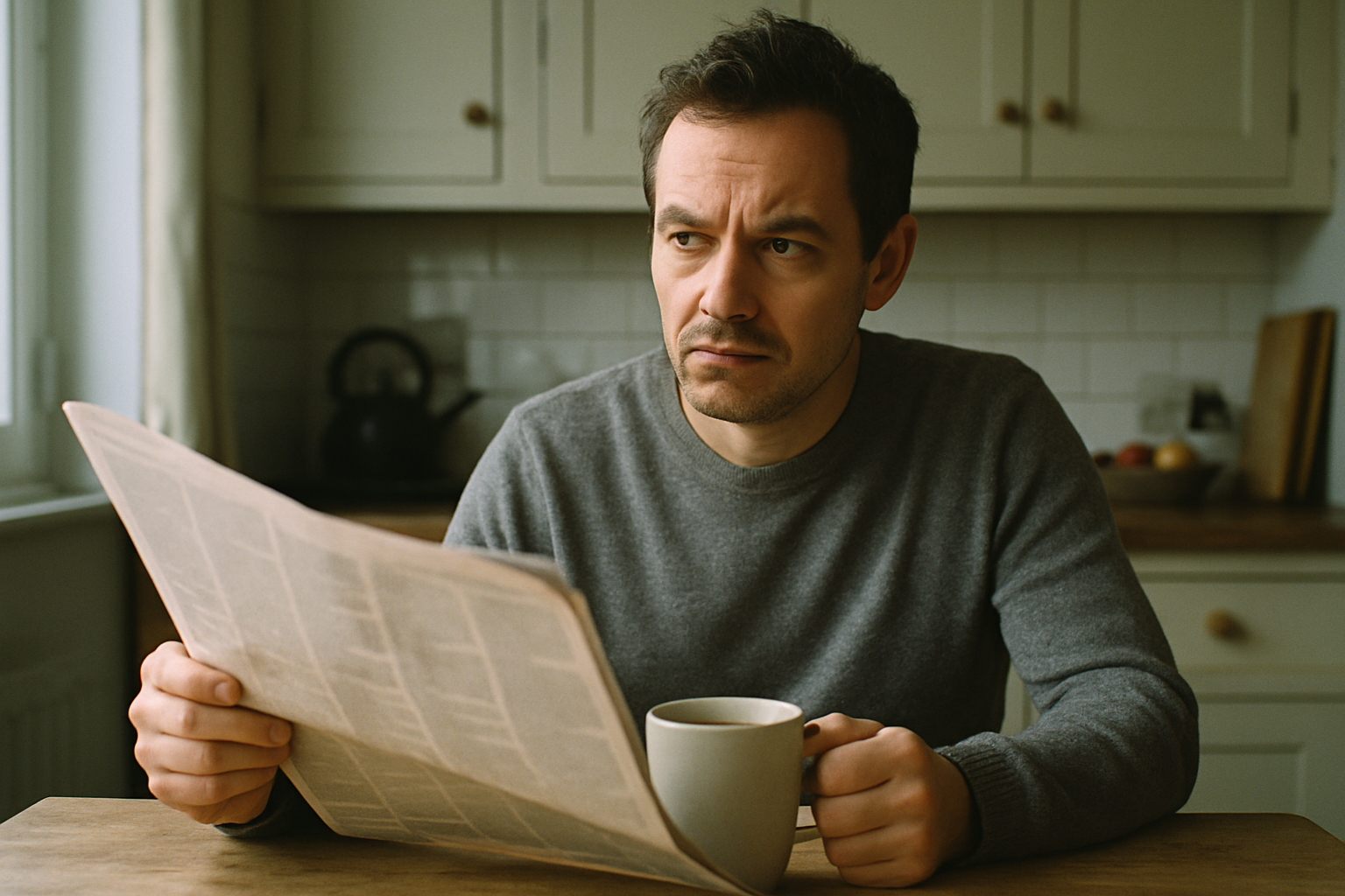 A person sitting at a kitchen table reading a newspaper with a cup of coffee, looking thoughtful and slightly skeptical, natural morning light