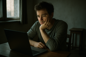 a person sitting alone at a desk staring at a glowing laptop screen in a dimly lit room, expression of uncertainty