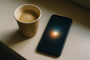 A paper coffee cup sitting on a counter next to a smartphone showing a glowing abstract interface, photographed from above in natural light