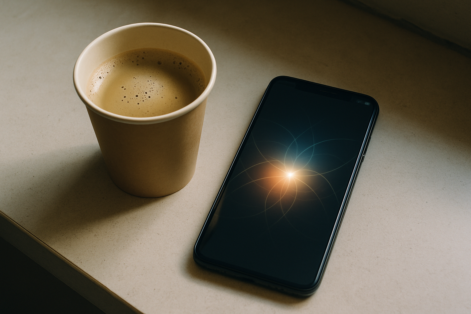 A paper coffee cup sitting on a counter next to a smartphone showing a glowing abstract interface, photographed from above in natural light