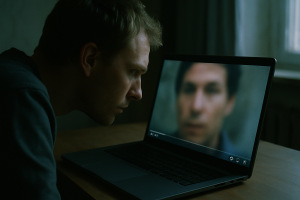 A person sitting at a laptop in a dim room, leaning close to the screen, scrutinising a paused video frame showing a blurred human face