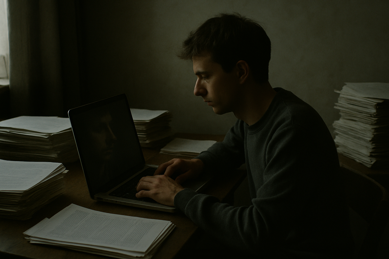A person typing at a laptop in a dimly lit room, their face reflected faintly in the screen, surrounded by stacks of printed documents