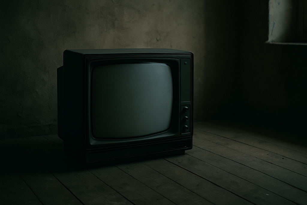 an old television set with a blank grey screen sitting alone in a dimly lit room