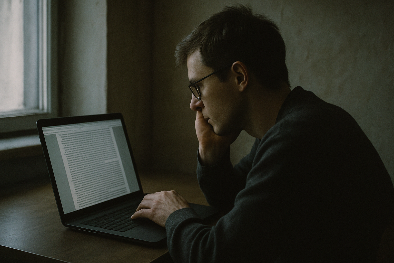a person sitting alone at a laptop in a dimly lit room, looking closely at a screen filled with dense text