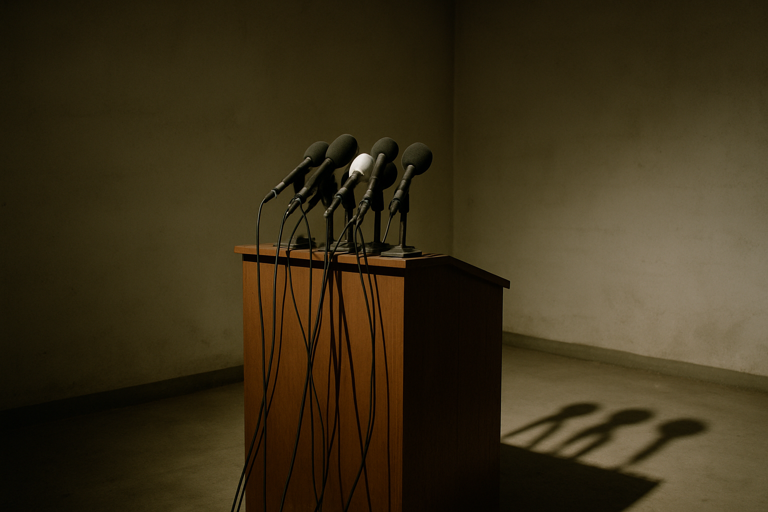 A single podium with a cluster of microphones on it, empty room behind it, harsh overhead lighting casting sharp shadows