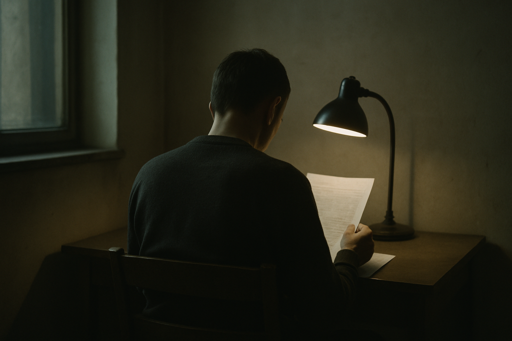 A person sitting alone at a desk reading a printed document under a single lamp in a dim room, viewed from behind