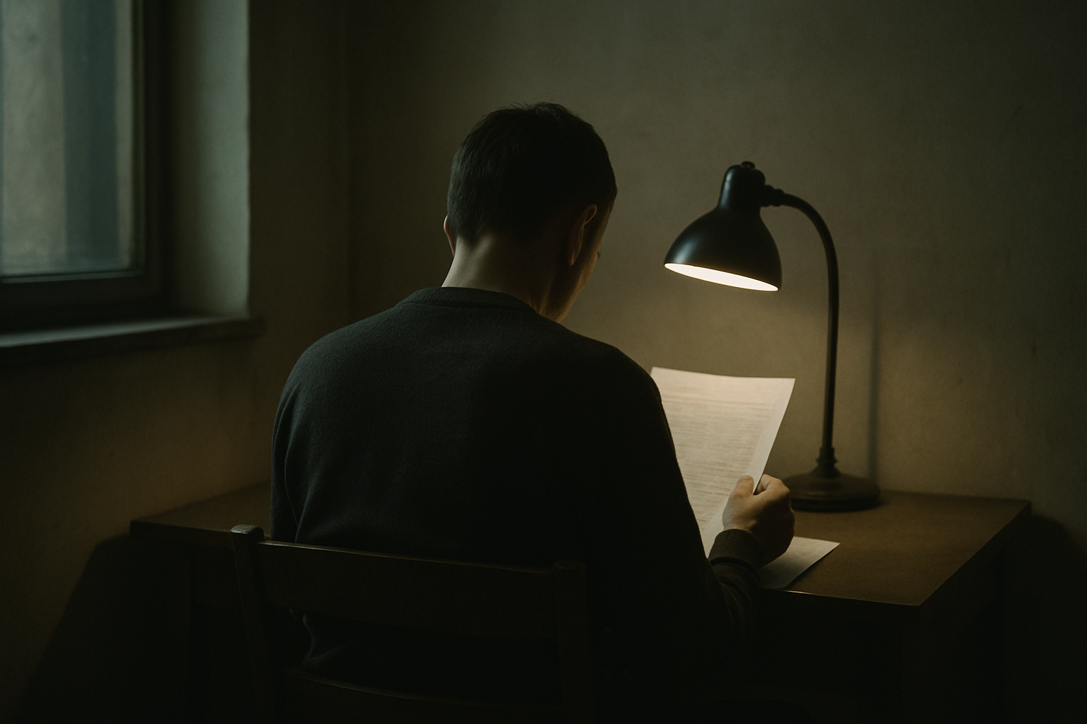 A person sitting alone at a desk reading a printed document under a single lamp in a dim room, viewed from behind