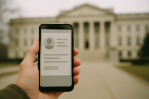 A person holding a smartphone displaying a blank identity screen, with a government building blurred in the background
