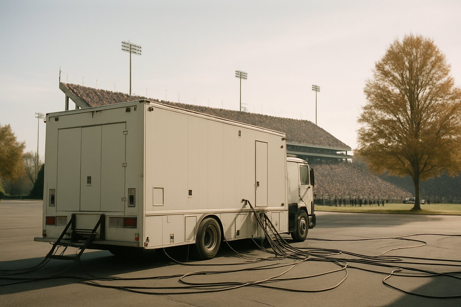 A large television broadcast truck parked outside a packed college football stadium on a bright autumn morning, cables running across the ground