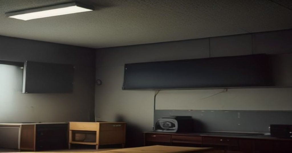 A empty community radio studio with an unattended microphone and a dark control board, dim overhead lighting