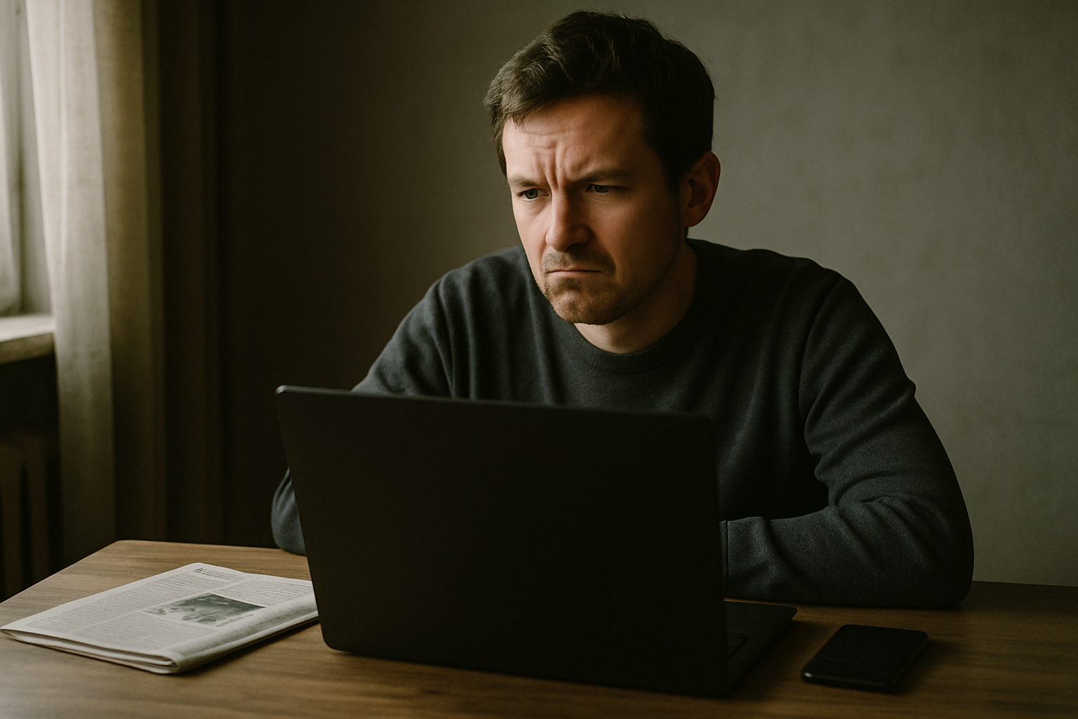 A person sitting at a laptop in a dimly lit room, looking skeptically at the screen with a newspaper and a smartphone on the desk beside them