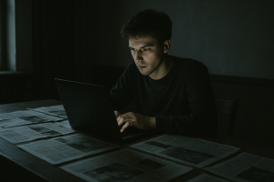 A person sitting alone at a laptop in a dimly lit room, face lit by the screen, surrounded by printed newspaper pages spread across a desk